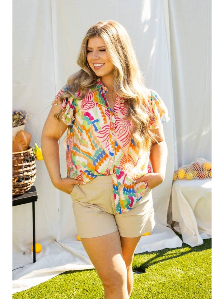 Multi Tropical Print Top Flutter Sleeves for wholesale on Faire4