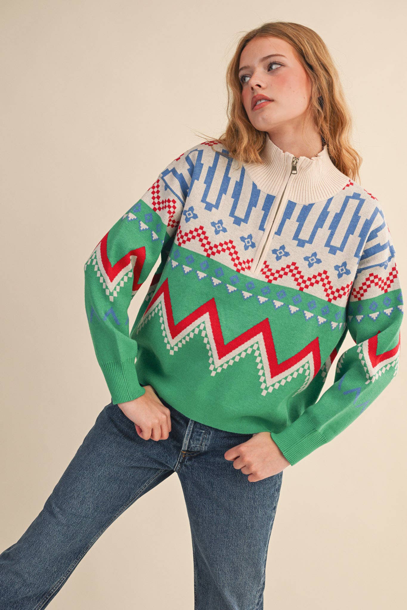 Burgundy Multi GEOMETRIC KNIT MOCK NECK HALF ZIP PULLOVER SWEATER MSW10885 for wholesale on Faire35