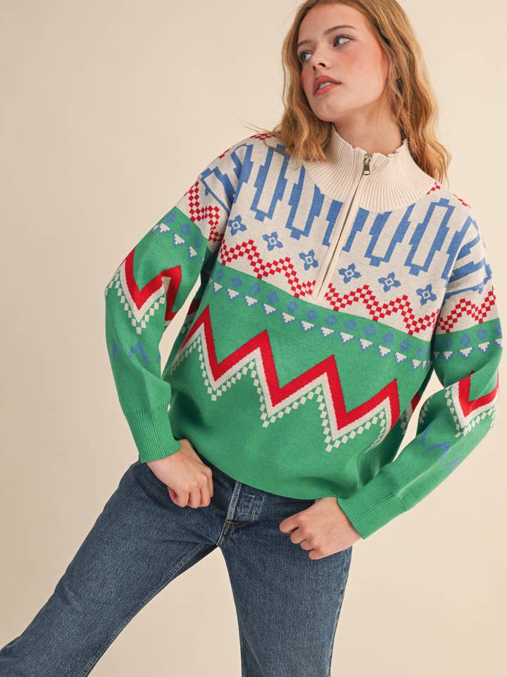 Burgundy Multi GEOMETRIC KNIT MOCK NECK HALF ZIP PULLOVER SWEATER MSW10885 for wholesale on Faire35