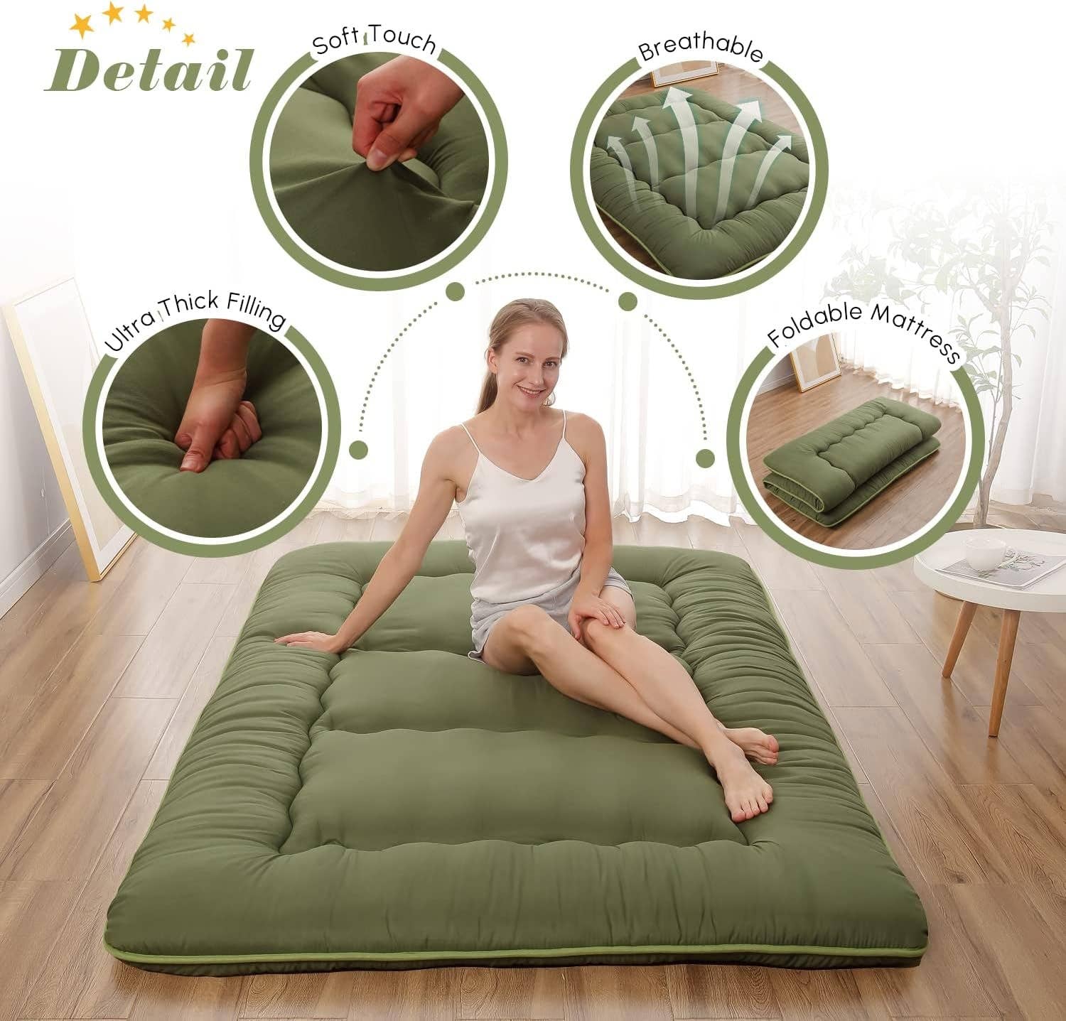 Green Twin Futon Mattress Portable, Roll-Up, Thick Tatami Style for wholesale on Faire3