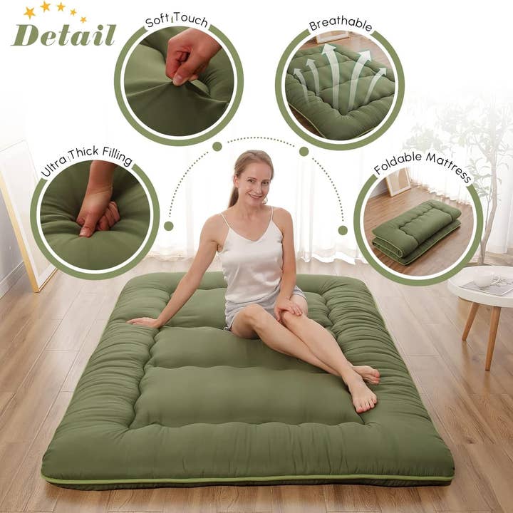 Green Twin Futon Mattress Portable, Roll-Up, Thick Tatami Style for wholesale on Faire3