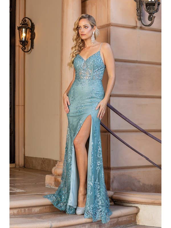 Sequined Lace VNeckline Thigh-High Slit Prom Dress for wholesale by Dancing Queen Dress