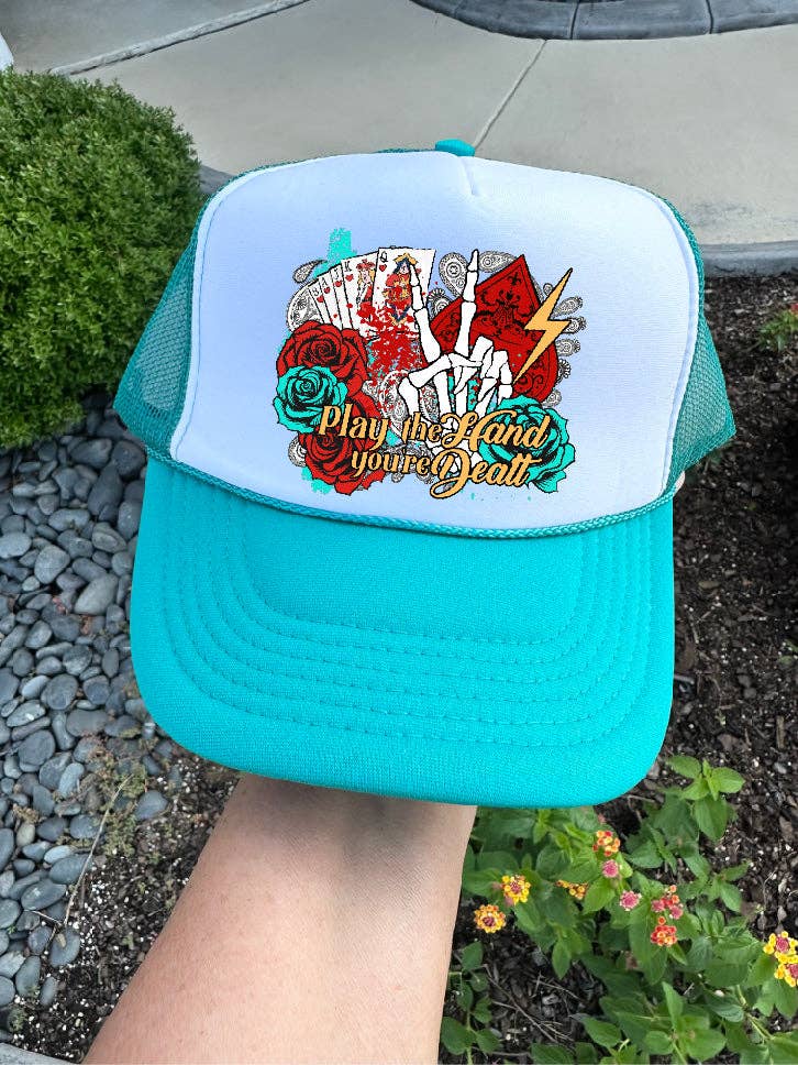 Southern Attitude Designs Inc - Venta al por mayor Gorra trucker - Mujer - Gorra de camionero blanca y jade con estampado DTF de The Hand You're Deal0
