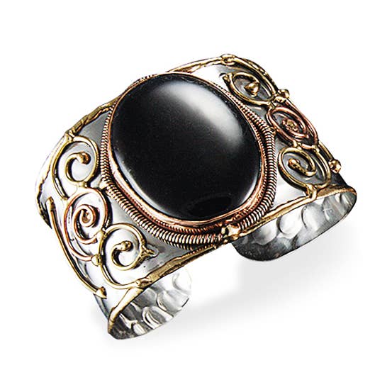 Anju Jewelry - Wholesale Cuff Bracelet - Mixed Metal and Black Onyx Stone Bracelet0