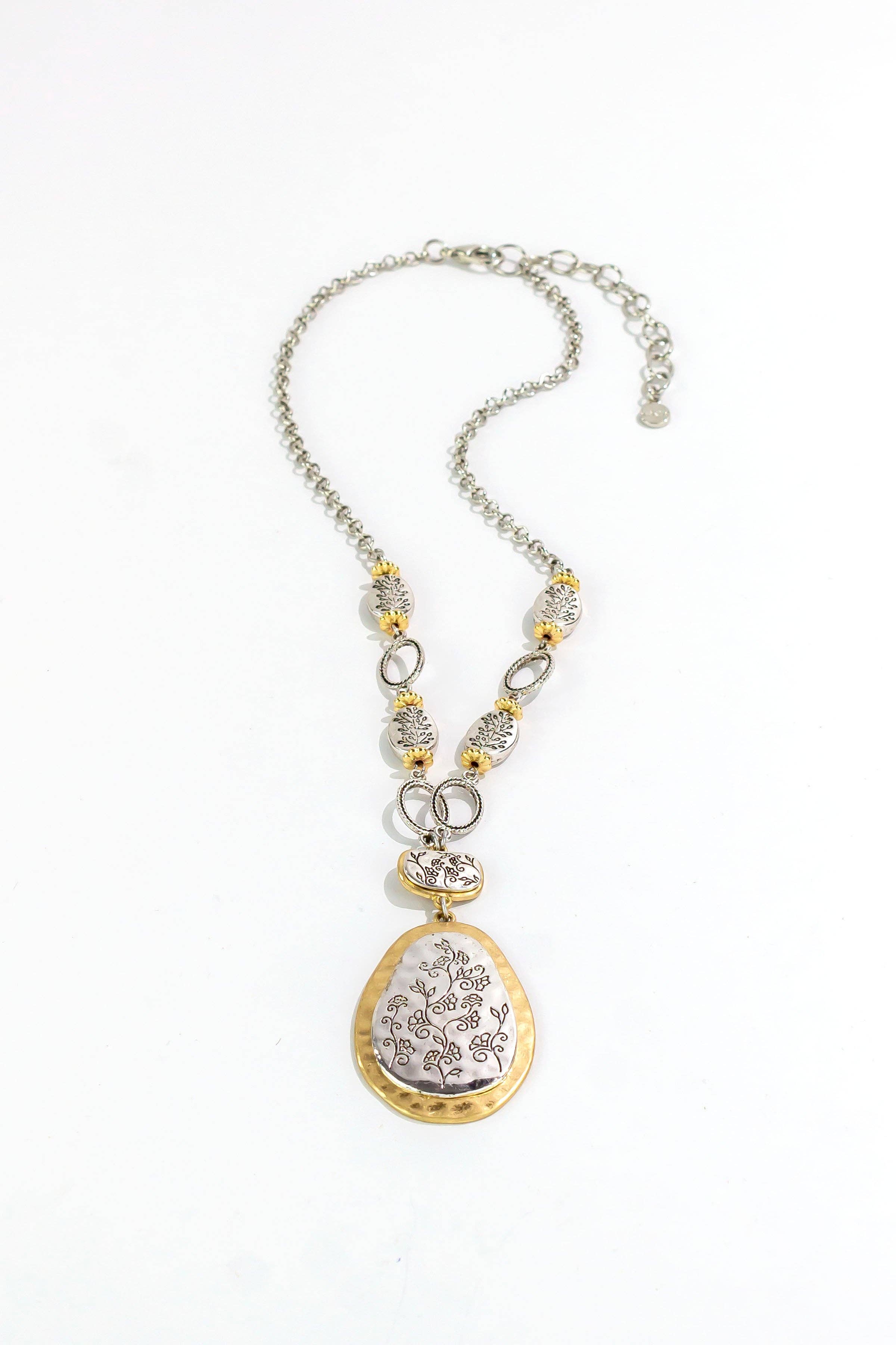 caroldauplaisejewelry - Wholesale Pendant/Charm Necklace - Ruby Rd. - Floral Etched Two-Tone Pendant Necklace1