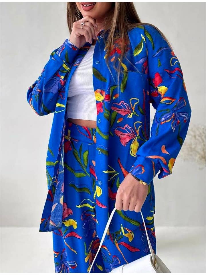 Stylish blue plant print shirt wide-leg pants casual set for wholesale on Faire