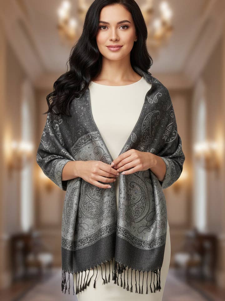 SERENITA pashmina-sjal med metallic paisleymönster – elegant halsduk och schal för wholesale av SERENITA