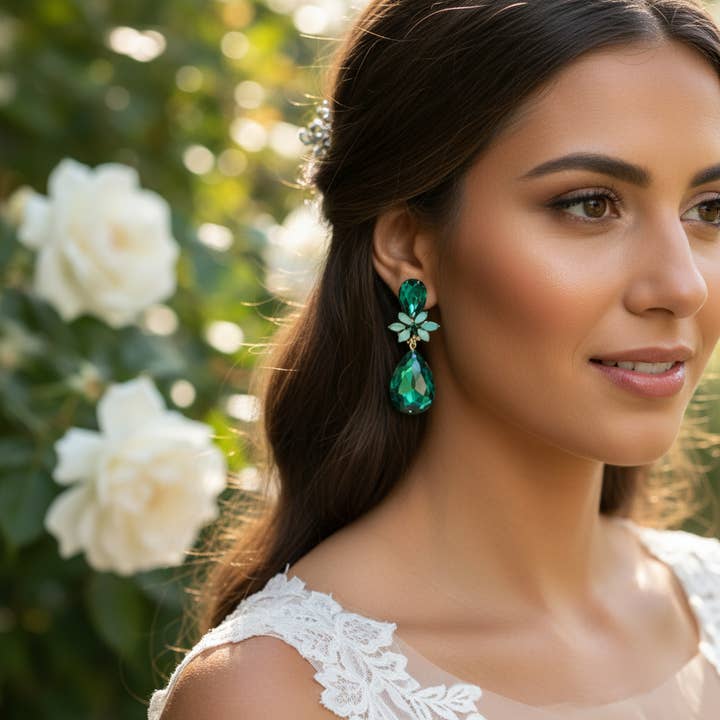 CZ COLLECTION -CRYSTAL DROP EARRINGS - CZER793 EMERALD for wholesale by Athena Bridal Jewellery