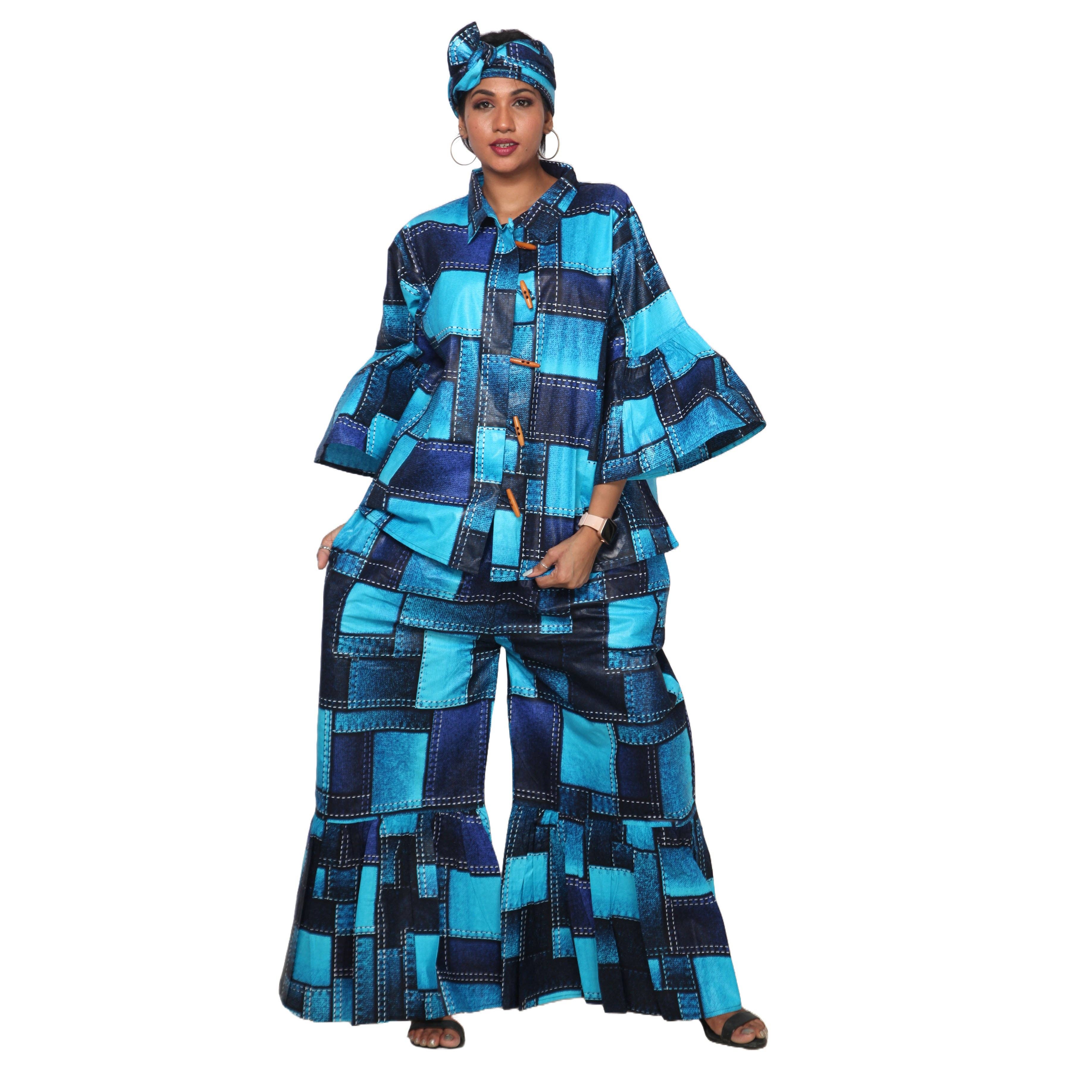 African Stars - Vente Ensemble haut et pantalon (PAS d'intérieur) - Femme - Ensemble Chemisier Femme et Pantalon Palazzo -- Imprimé FI-405041