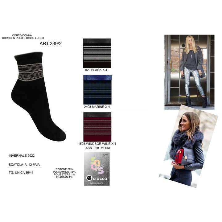 Tre dammönstrade korta strumpor med lurex i varm bomull (239/2) för wholesale av Ciocca