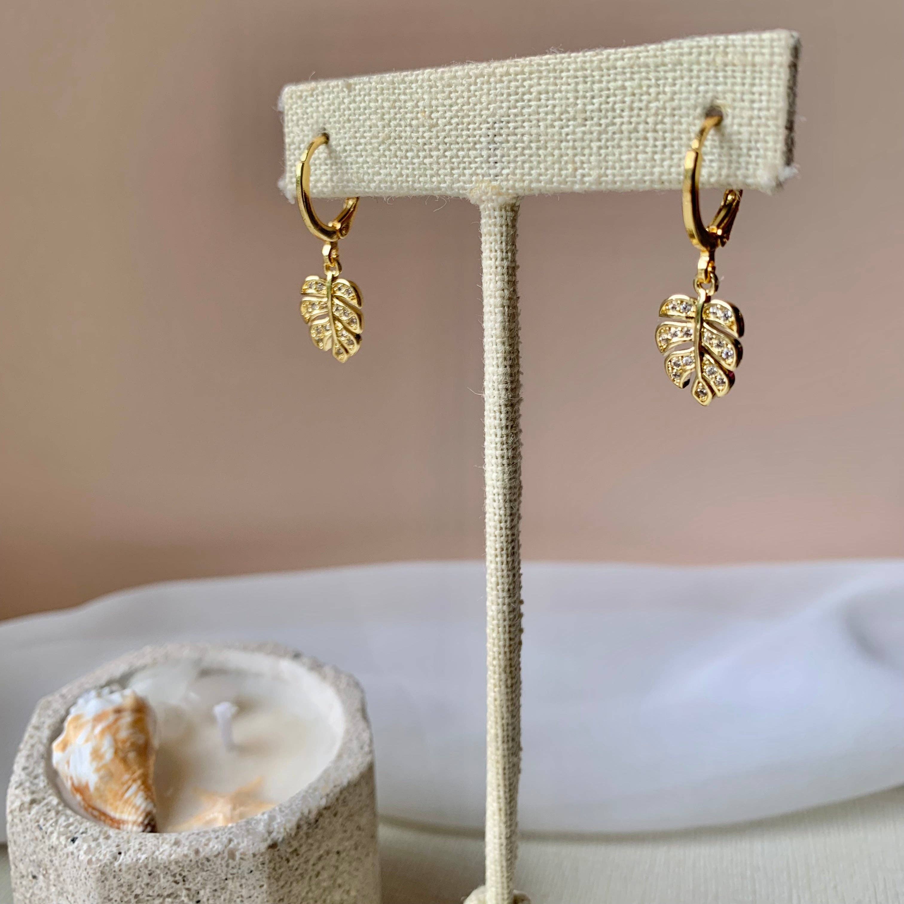 SALT by Sarah Curtis - Wholesale Huggie Earrings - MONSTERA LEAF HUGGIE HOOPS | gold | tropical beach jewelry 1