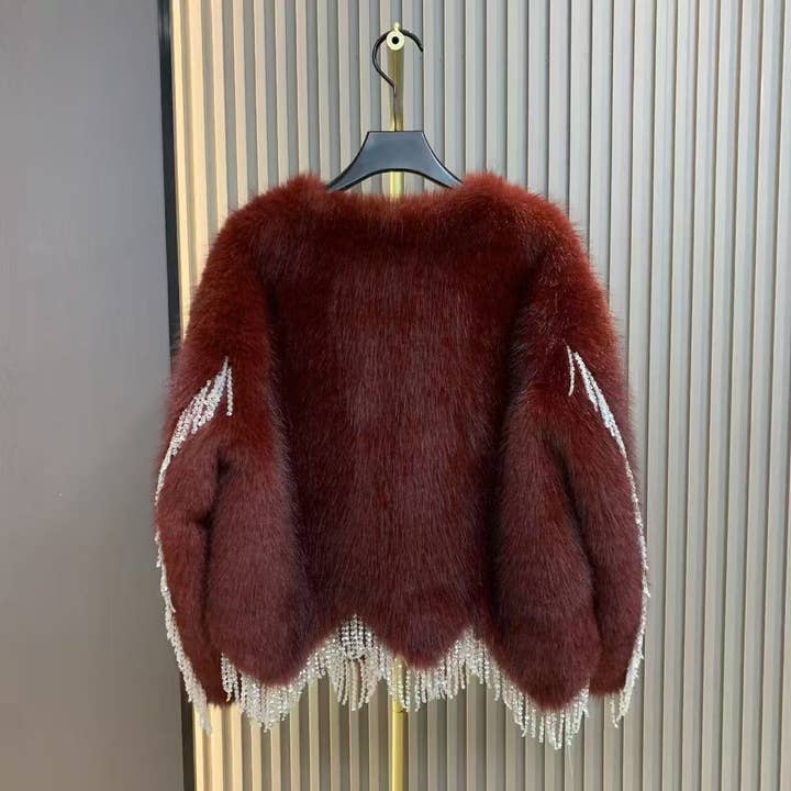 PEACH ACCESSORIES – wholesale Fur/faux fur coat – Women's – Faux Fur Coat with Beaded Fringe Tassels DH214