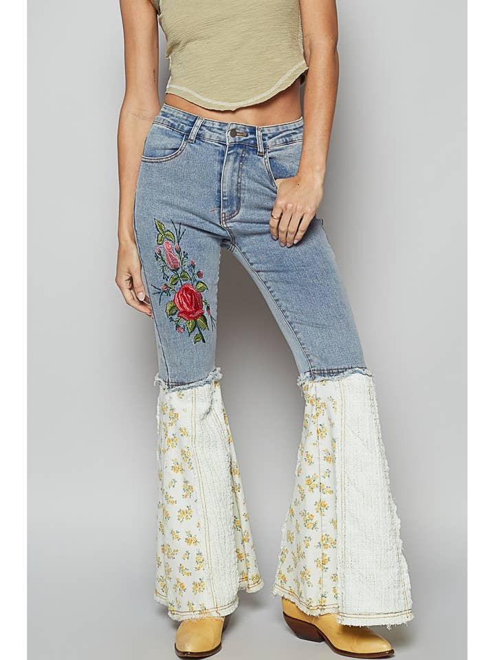 Embroidery Lace Patch Stretchable Denim Pants for wholesale by Pol Clothing