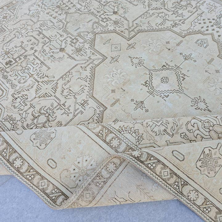 Oversized Oushak Rug: Hand-Knotted Wool, Beige Brown Geometric, 9.7x12.25 ft for wholesale by MesopotamiaRugs