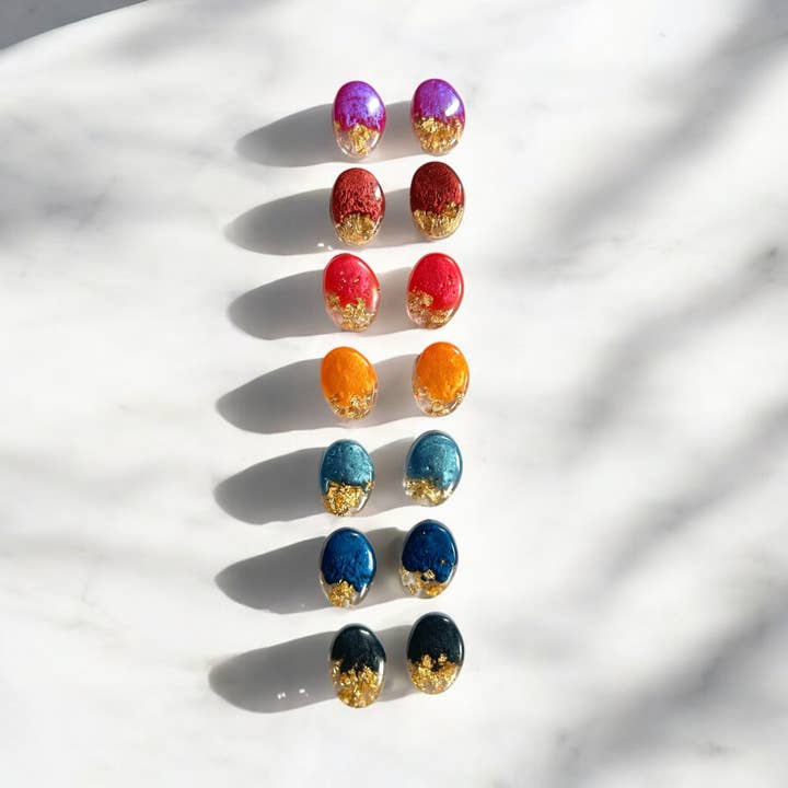 Resin Stud Earrings In Vibrant Colors & Gold Accents for wholesale by Fish Towne Designs, LLC