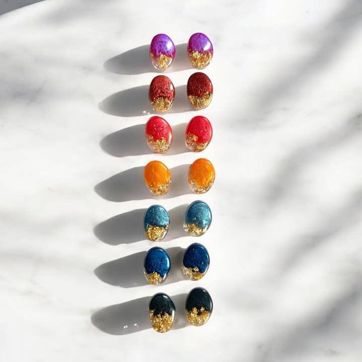 Resin Stud Earrings In Vibrant Colors & Gold Accents for wholesale by Fish Towne Designs, LLC