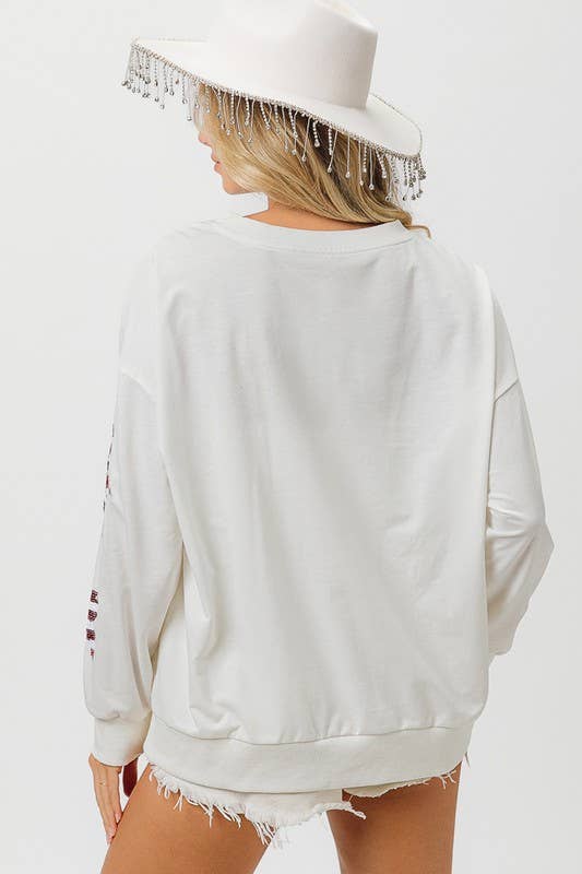 BLANC CASSÉ Pull en forme d'étoile à sequins avec drapeau américain en vente sur Faire4