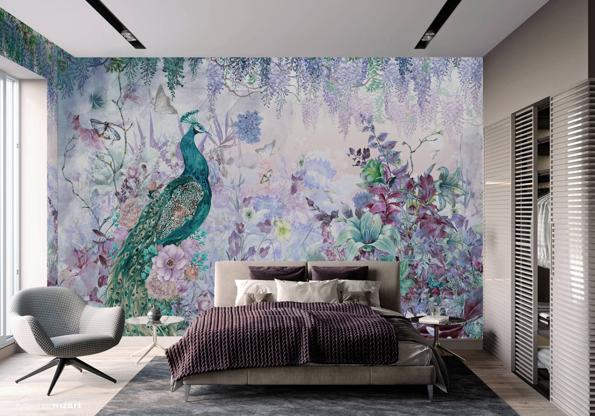 GK Home Decor - Vendita all'ingrosso Carta da parati - Murale di carta da parati con pavone e accenti floreali e glicine1