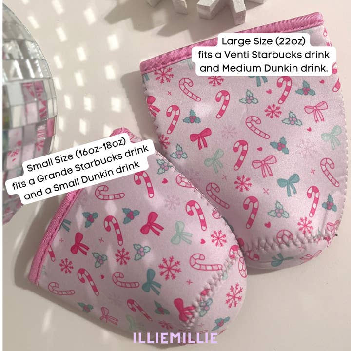 Illie Millie Designs - Wholesale Drink Huggers & Koozies - Pink Christmas Iced Coffee Sleeve- 16oz Drink Koozie 3