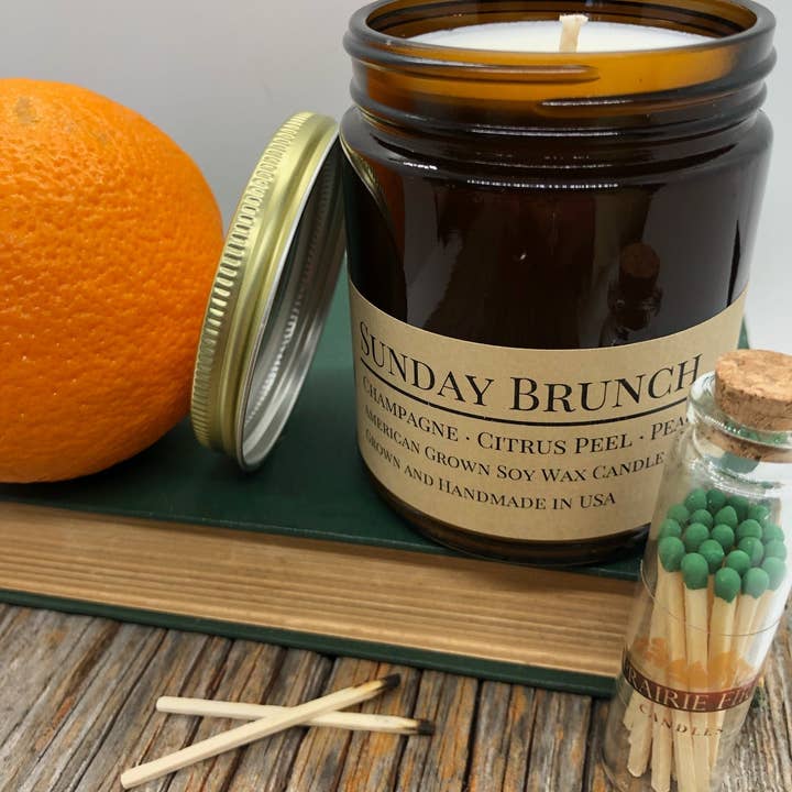 Sunday Brunch Soy Candle | 9 oz Amber Apothecary Jar for wholesale by Prairie Fire Candles