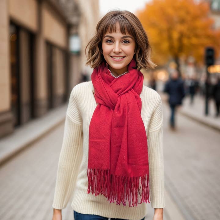 Sparkly Petra Pashmina Scarf (70x180cm) - Bright Red for wholesale by Black Ginger