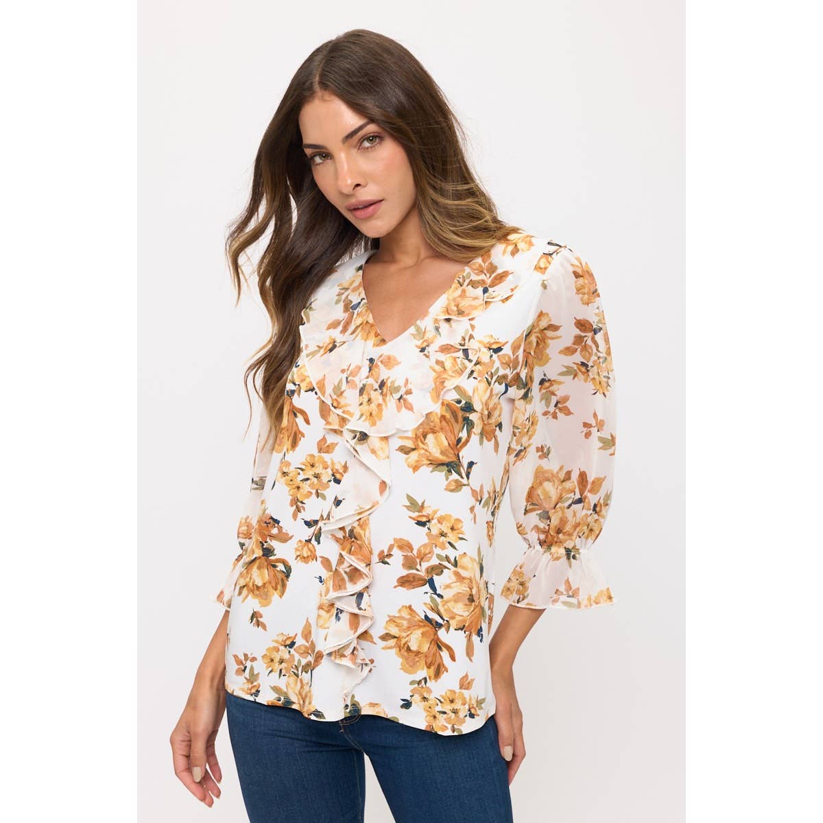 IVORY GREEN GOLD FLORAL MIX MEDIA CASCADE BLOUSE for wholesale on Faire1