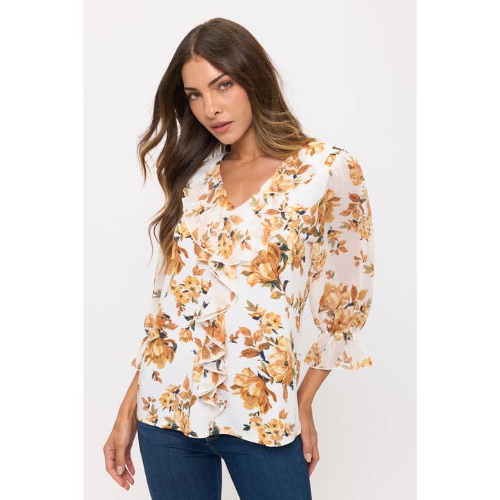IVORY GREEN GOLD FLORAL MIX MEDIA CASCADE BLOUSE for wholesale on Faire1