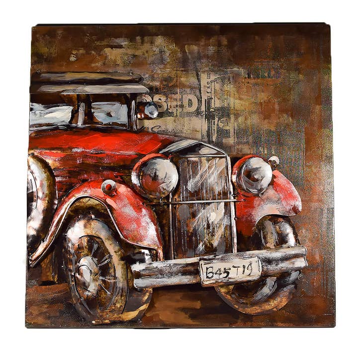 Art de peinture murale en métal avec voiture antique rouge pour la vente par giftland