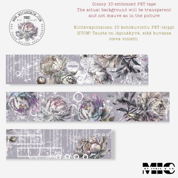 MIC & MIM Premium Paper Shop - Wholesale Tape - MIC | PET Tape (Glossy & Embossed): Silver Veil Peonies5