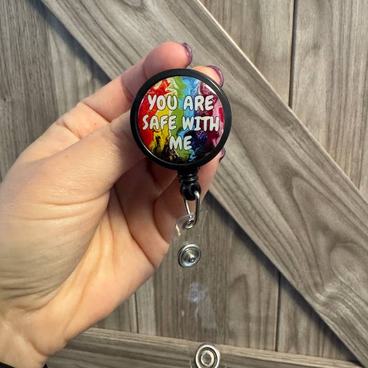 AbstractbyRabrams - Wholesale Badge Accessory - Unisex - You are Safe With Me Badge Reel - Progress Pride Badge Reel