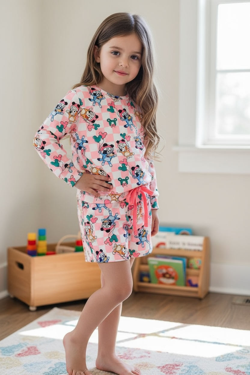 Kids Charm Online - Vente Ensemble haut et short – enfant - Ensemble 2 pièces pour filles avec personnage de chien de Noël imprimé. OFG53157 AMY4