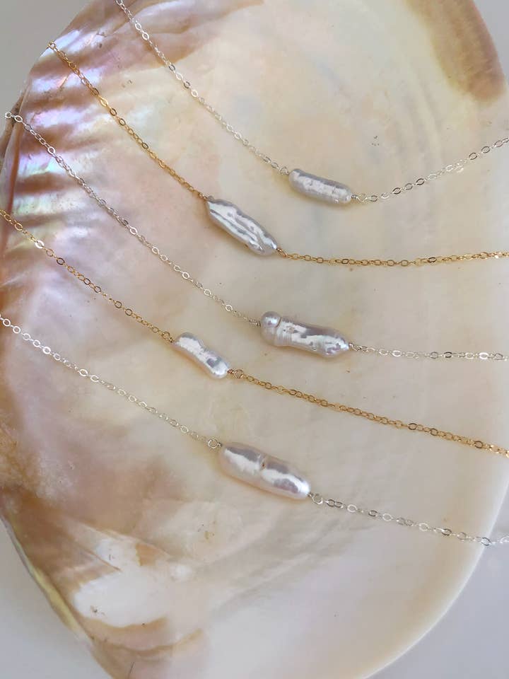 Gold Biwa Solitaire Necklace for wholesale by Christine Elizabeth Jewelry