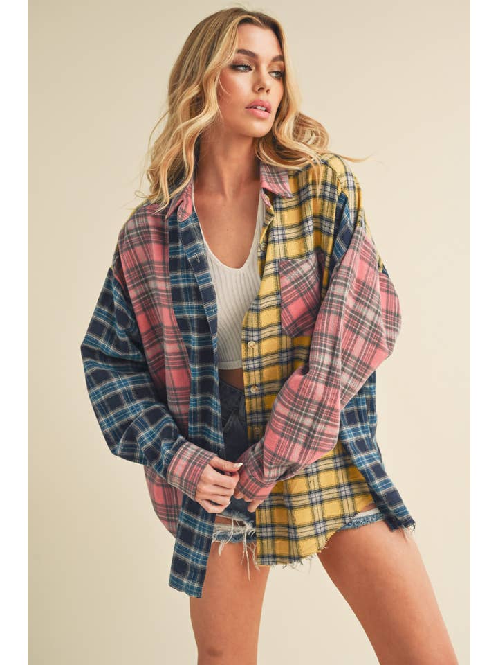 Blue Pink Yellow 8316DN Neela Multi Color Plaid Flannel Shirt 1 for wholesale on Faire3