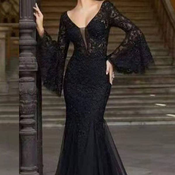 Robes de soirée sirène maxi à manches longues en dentelle fleurie. pour la vente par Mirazshoes WholeSale