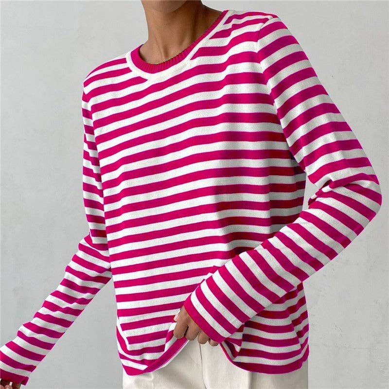UZ Wholesale Store - Wholesale Knit Sweater - Women's - Striped Knit Sweater with Round Neck and Contrast Color5