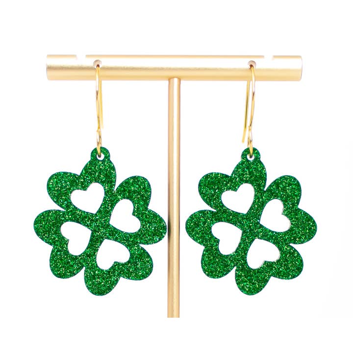 St Patrick's Day Earrings Glitter Four Leaf Clover Handmade for wholesale by Momenti di Vita
