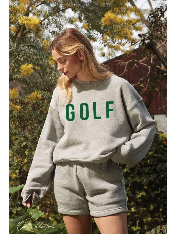 OAT COLLECTIVE - Wholesale Graphic Sweatshirt - Women's - GOLF Mid length Cropped Graphic Fleece Pullover Relaxed Fit.