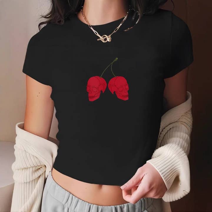 Y2K Street Skull Cherry Short Sleeve Crop Top Tee and other Purchase Wholesale custom crop tops. Free Returns & Net 60 Terms on Faire trending on Faire.