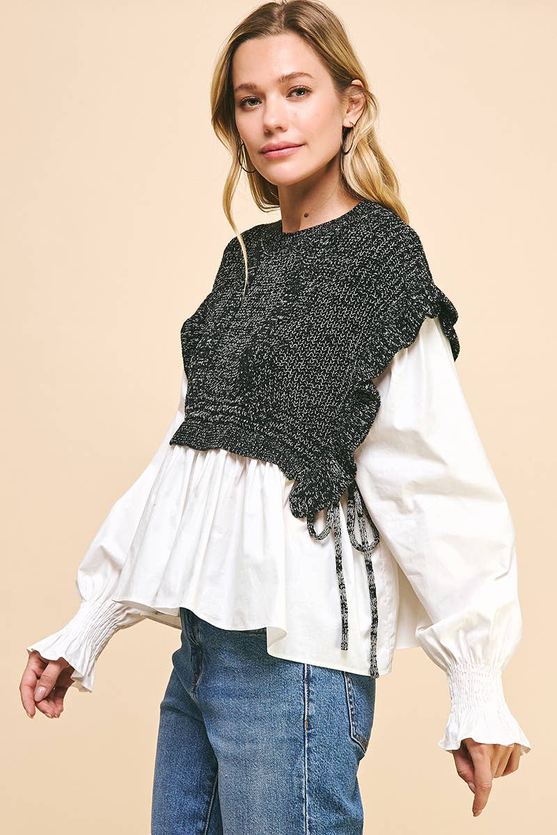 PINCH - Wholesale Blouse - Women's - WOVEN KNIT COMBO BLOUSE - 4974T (GREY)10