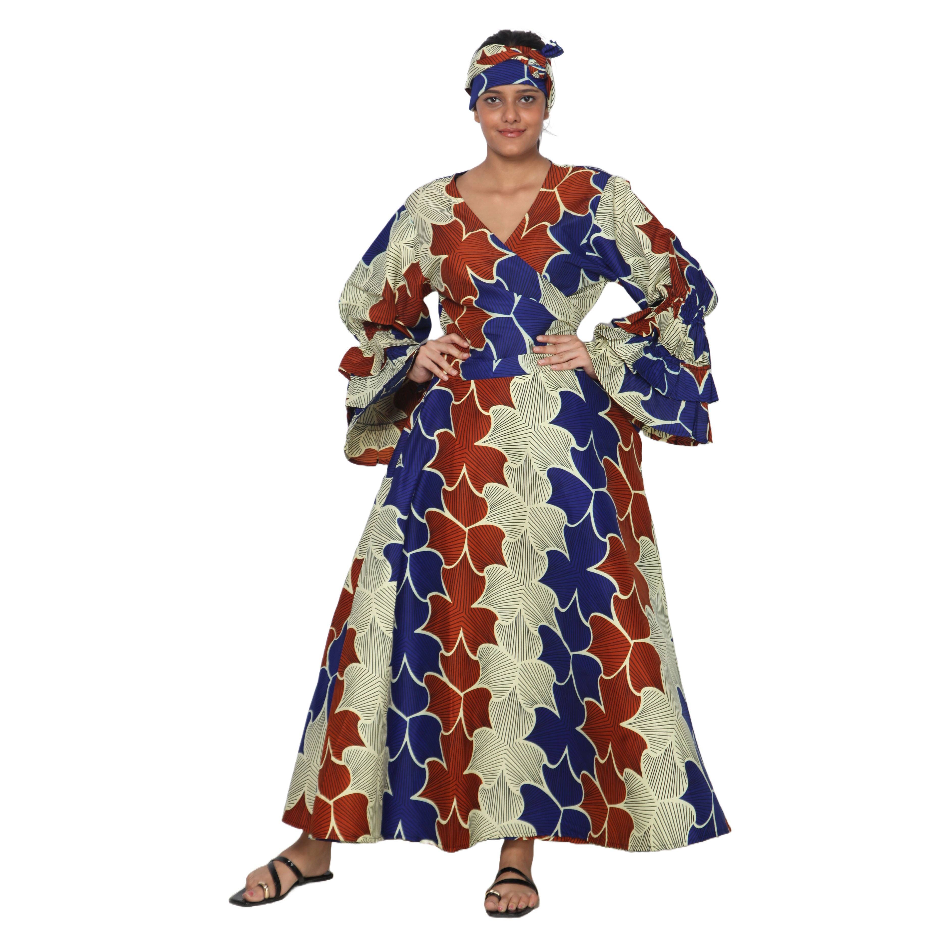 African Stars - Vente Robe – femme - Robe portefeuille en rayonne pour femme avec manches à volants -- FI-R80FS21