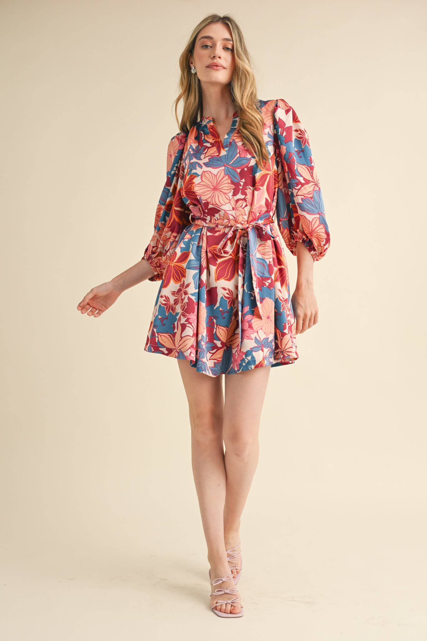 &MERCI - Wholesale Dress - Women's - EXCLUSIVE PRINT PUFF SLEEVE TYING WAIST MINI DRESS MDR33532