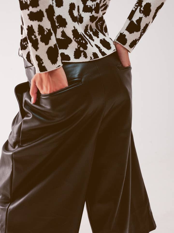Faux leather wide leg culotte in black for wholesale on Faire