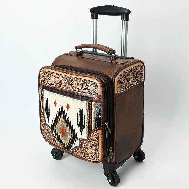 ADBG1613 Western Rolling Carry-On Luggage with Tooled Leather & Aztec Woven Front for wholesale by LS Western
