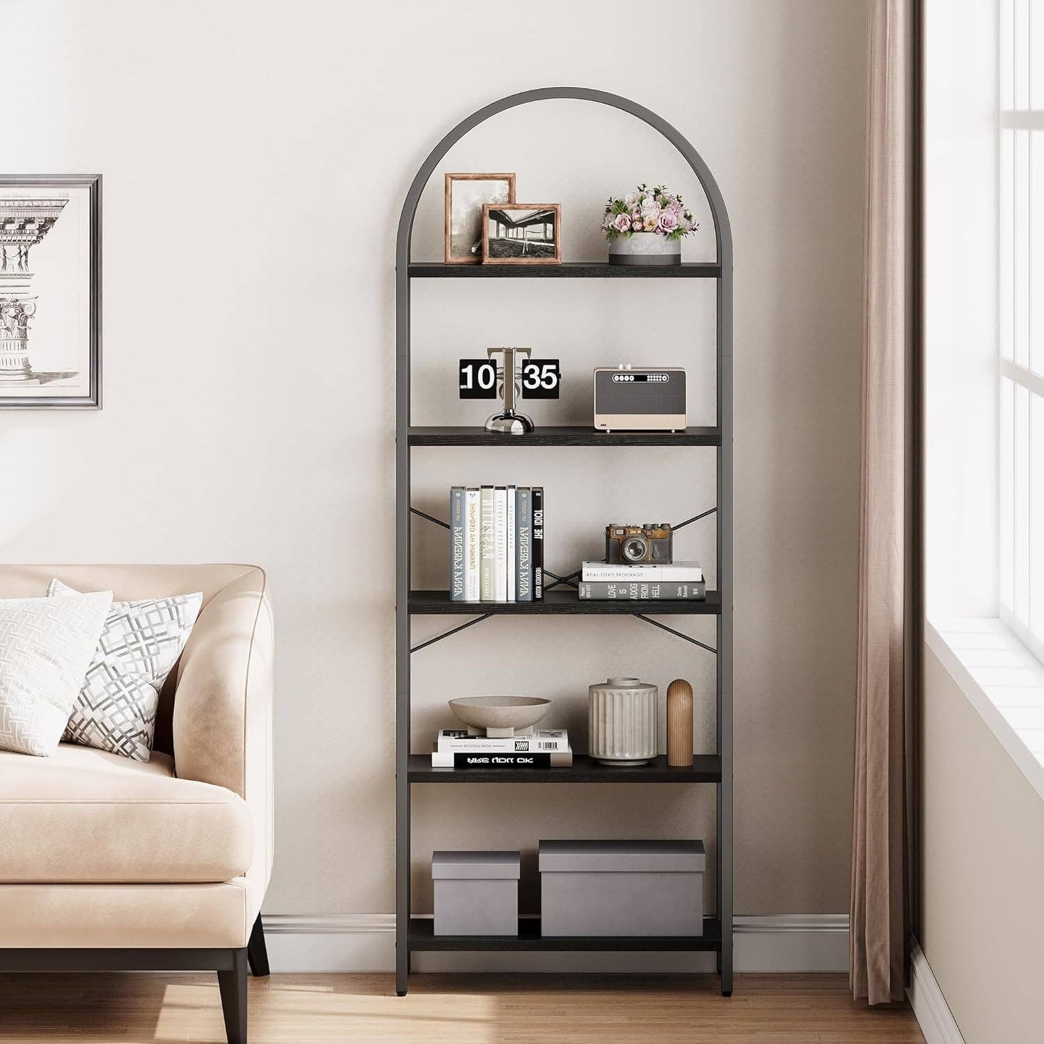 Tall Black Arched Bookcase With 5 Open Shelves For Living Room for wholesale on Faire3