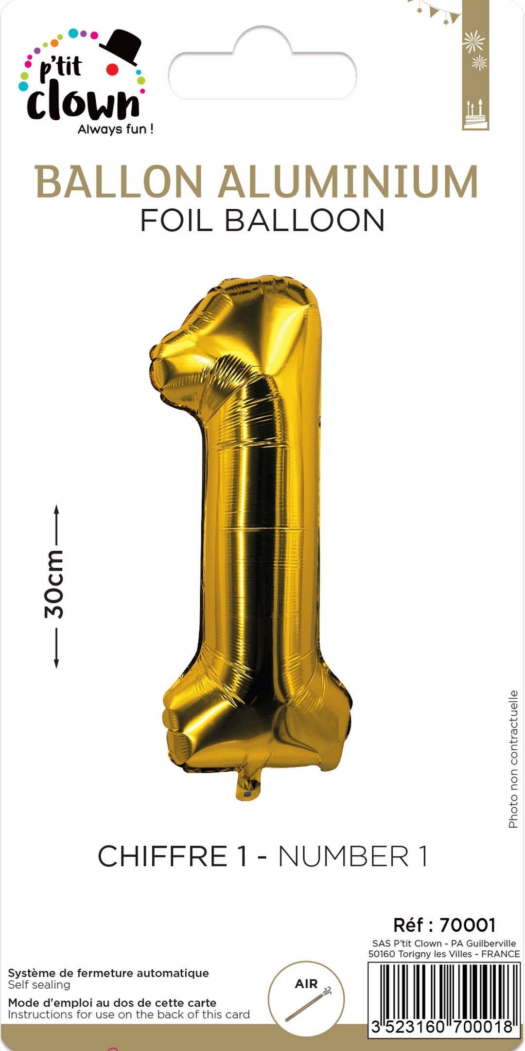 P'tit Clown - Wholesale Balloon - Aluminum Balloon - 30 cm - Gold - Number 10