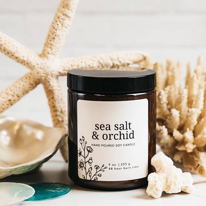 Sea Salt & Orchid Soy Candle - 9oz Amber Glass Jar - Summer for wholesale by Giften Market