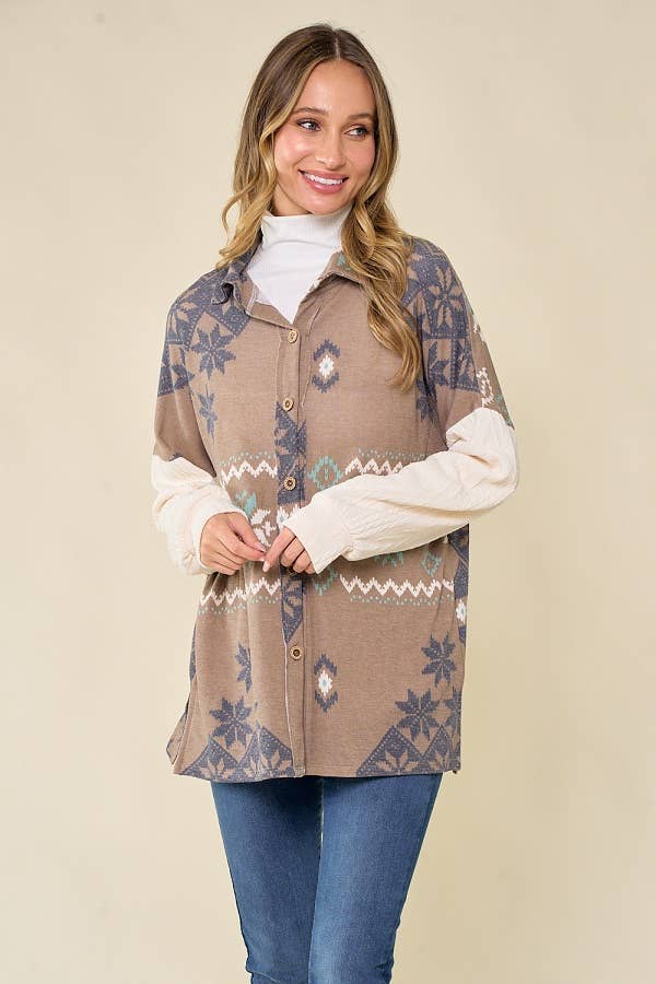 lovely melody - Wholesale Shirt Jacket/Shacket - Women's - LMT3653-Snowflake shacket Print13