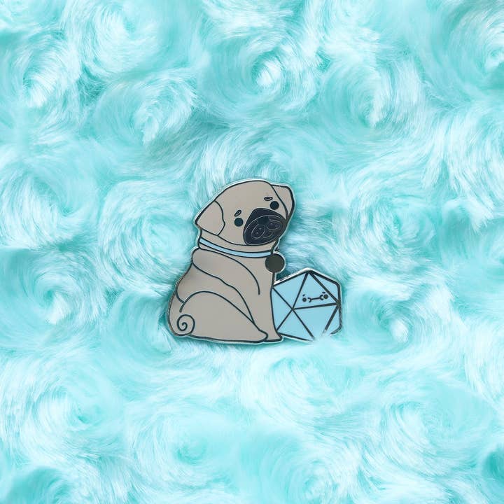 Dbl Feature - Wholesale Lapel Pin/Button - Pug D20 Dice Buddy Enamel Pin