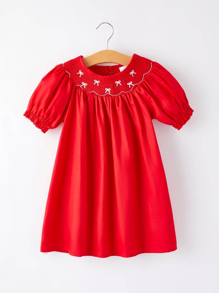Rylee Faith Designs - Wholesale Dress - Kids - Girls Bow Smocking Embroidered Red Dress