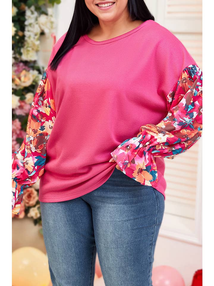 Pink Fall Floral Patchwork Ruffled Sleeve Ribbed Knit Top (S-4X) for wholesale on Faire2